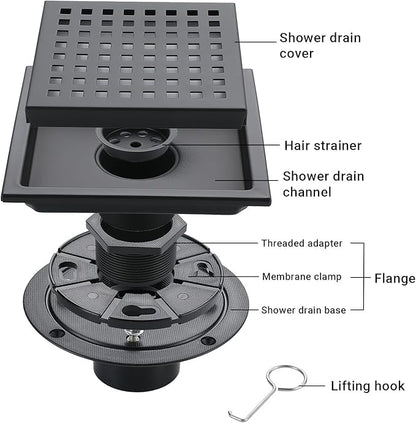 4 Inch Square Shower Floor Drain, Stainless Steel Black Shower Drain Kit with Flange, Floor Drain with Removable Grid Cover,Matte Black