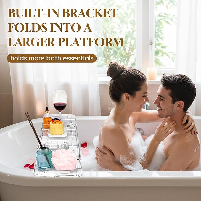 Expandable Clear Acrylic Bathtub Tray Caddy, Foldable Tub Bath Tray with Drain Slots, Slip-Resistant Waterproof Bathroom Shelf Caddy & Home Spa Gift for Women