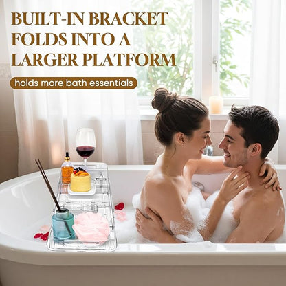 Expandable Clear Acrylic Bathtub Tray Caddy, Foldable Tub Bath Tray with Drain Slots, Slip-Resistant Waterproof Bathroom Shelf Caddy & Home Spa Gift for Women