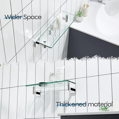 KOKOSIRI Bathroom Shelves Wall Mounted Floating Glass Shelf Polished Stainless Steel 16-Inch Hanging Rack for Storage/Room Decor 2 Pack B1105CH-L16-P2