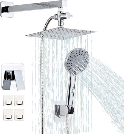 Shower Head 8'' High Pressure Rainfall, Handheld Shower Combo with 11'' Extension Arm, 5 Spray, Anti-leak Luxury Premium Quality, Shower Head with Handheld Spray Combo, Polished Chrome