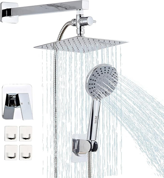 Shower Head 8'' High Pressure Rainfall, Handheld Shower Combo with 11'' Extension Arm, 5 Spray, Anti-leak Luxury Premium Quality, Shower Head with Handheld Spray Combo, Polished Chrome