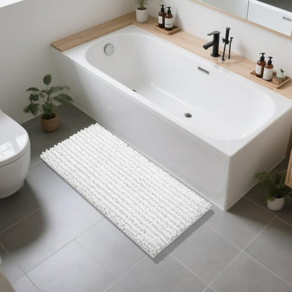 Yimobra Long Bathroom Rugs Non Slip Washable 44x24 Inch - Ultra Soft Absorbent Chenille Bath Mat, Quick Dry Shaggy Floor Carpet for Tub Shower, White Home Decor Accessories