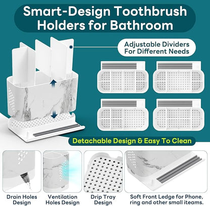 Toothbrush Holders, Toothbrush Caddy with Front Ledge and Cord Slots, Detachable Tooth Brush Holder for Bathroom Countertop, Shower, Vanity, Large Capacity 6 Slots Marble Bathroom Accessories