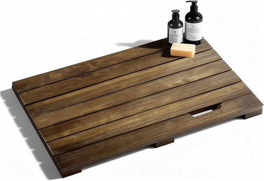 Teak Wood Shower Mat, 24"x18" Bath Floor Mat with Natural Surface for Indoor Shower, Bathroom Spa (24"x18")
