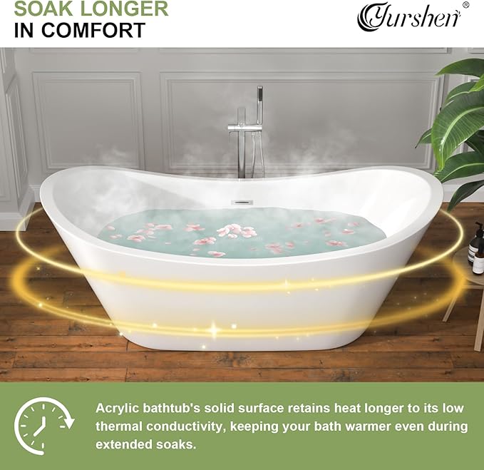 67" Freestanding Acrylic Bathtub – White Double Slipper Soaking Tub with Chrome Drain & Overflow, Glossy Finish for Modern Bathrooms #YSB9211