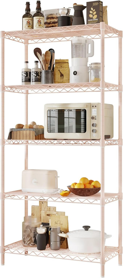 5 Tier Storage Racks Shelving, Heavy Steel Pantry Shelves, Adjustable Wire Shelving Rack, Suitable for Garage, Kitchen, Bathroom, Office, 29" W x 13.4" D x 59" H, Pink