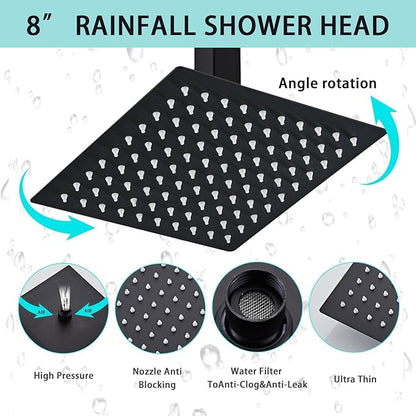 8 Inch Shower Faucet Set Ceiling Mount, High Pressure Rainfall Shower System, Square Rain Shower Head with Handheld Spray Combo, Ceiling Luxury Rainfall Shower Fixtures Matte Black (L-Style)