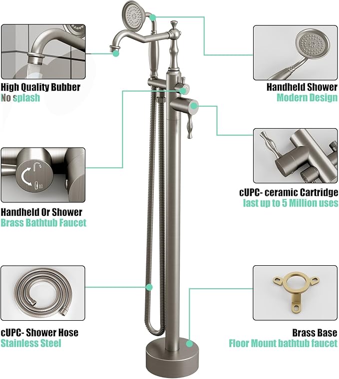 Hoimpro Free Standing Tub Faucet Freestanding Tub Filler Farmhouse Stand Alone Floor Mounted Bathtub Faucet Set Shower Faucets Handheld Sprayer Brass Brushed Nickel