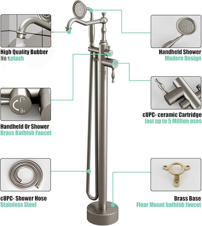 Hoimpro Free Standing Tub Faucet Freestanding Tub Filler Farmhouse Stand Alone Floor Mounted Bathtub Faucet Set Shower Faucets Handheld Sprayer Brass Brushed Nickel