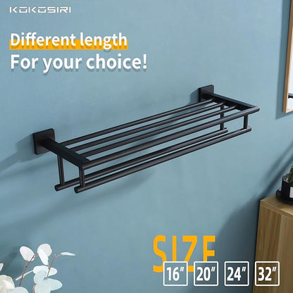 KOKOSIRI Bath Towel Rack with Double Towel Bars Bathroom Towel Shelf 20 Inch Towel Holder Wall Mounted Stainless Steel, Matte Black, B6005BK-L20
