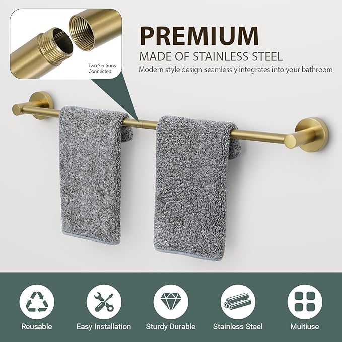 Brushed Gold Bathroom Hardware Set 4 Piece Towel bar Set,Towel Rack for Bathroom Wall Mounted Adjustable Expandable 24 inch Towel Holder Robe Hook Towel Ring Toilet Paper Holder
