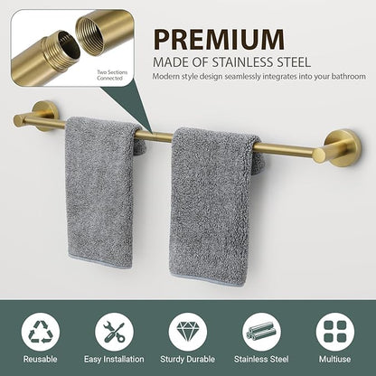 Brushed Gold Bathroom Hardware Set 4 Piece Towel bar Set,Towel Rack for Bathroom Wall Mounted Adjustable Expandable 24 inch Towel Holder Robe Hook Towel Ring Toilet Paper Holder