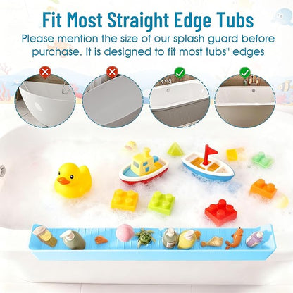 Splash Guard for Bathtub Kids, Longer Silicone Bathtub Splash Guard with 11 Suction Cups, Bath Tub Play Shelf for Kids & Toy Holder, Prevent Water Spill in Bathroom, Blue
