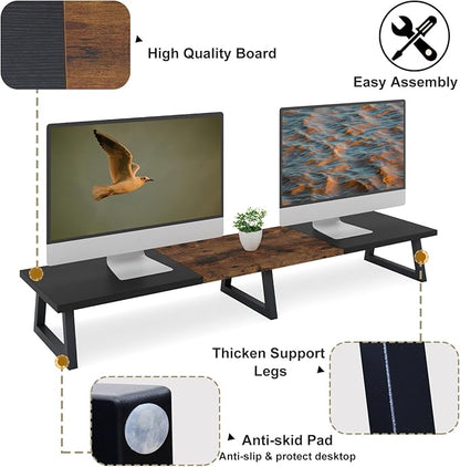 TEAMIX 42 inch Large Dual Monitor Riser, Extra Long Monitor Stand Riser for 2 Monitors, Wood & Steel Desktop Riser Desk Organization Home Office (Black+Brown, 42 inch)