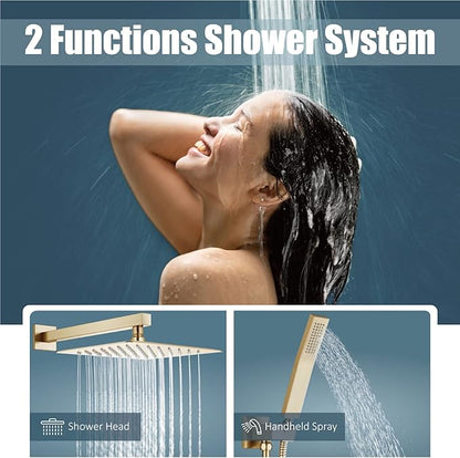 Aolemi Shower Faucet Set Rain Shower System with Handheld Spray Bathroom Shower Combo Rough-in Valve and Shower Trim Kit Included Brushed Gold 10 Inch Wall Mount Shower Head