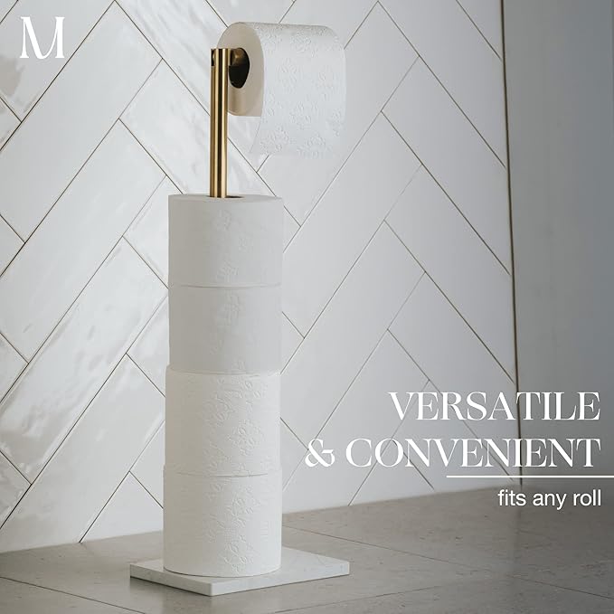 MARMOLUX ACC Free Standing Gold Toilet Paper Holder Stand White Marble Base and Storage | 4 Jumbo Roll Bathroom Hardware Toilet Tissue Organizer | Stainless Steel Bathroom Decor Accessory