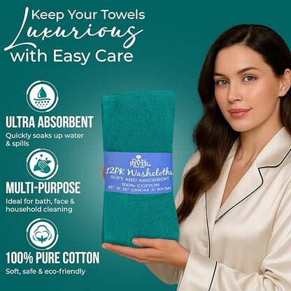 DAN RIVER 12 Pack Wash Cloths for Showering [12x12] - 100% Cotton Washcloths Premium Quality Flannel Face Cloths for Bathroom, Highly Absorbent and Soft Feel Wash Clothes, Teal