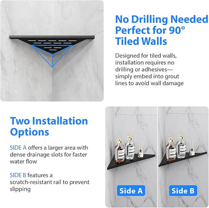 POPFLY 10 Inch Corner Shower Shelf 2 Pack, 304 Stainless Steel Matte Black, No Drilling Recessed Bathroom Shelves for Tiled Wall, Heavy Duty Floating Shower Organizer with Slot Design, PF7501B