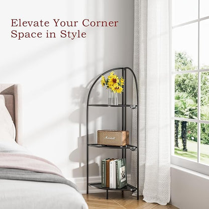 Crofy Foldable 3 Tier Corner Shelf, Metal Corner Plant Stand with Black Frame and Black Shelves, Corner Display Rack Multipurpose Shelving Unit for Living Room, Bedroom, Bathroom