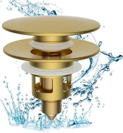 Hibbent All Metal 2 in 1 Bathroom Sink Stopper, Universal Pop Up Drain Strainer, Brass Bullet Core Push Type Sink Stopper for 1.1''~2.3'' Basin, Big Push Button, Anti Clogging Filter, Brushed Gold