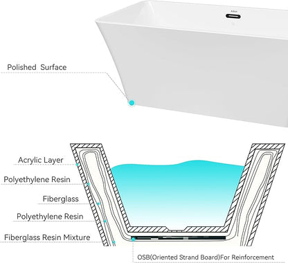 FerdY Sentosa 67" Acrylic Freestanding Bathtub, Contemporary Design Soaking Tub with Matte Black Drain and Matte Black Overflow, Easy to Install