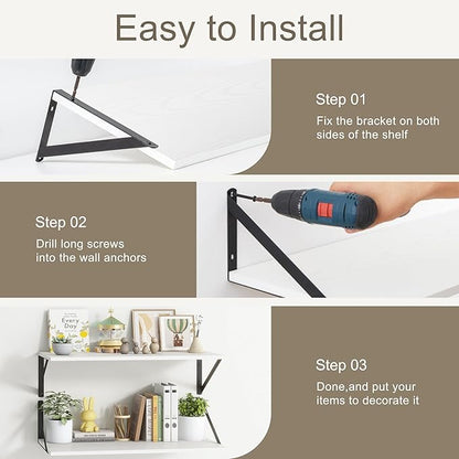 Fun Memories 40 Inch Floating Shelves, 10 Inch Deep Wall Shelf, 40 x 10 Floating Shelf Set of 2, White Wood Floating Shelf Wall Mounted, Large Kitchen Living Room Bedroom Storage Shelves