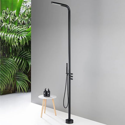 RBROHANT Outdoor Shower Brass Outside Shower Kit for Backyard Garden Pool Beach, Freestanding Outdoor Shower Fixtures with Overhead Shower Head and Handheld, Floor Mounted, Matte Black, RB0091
