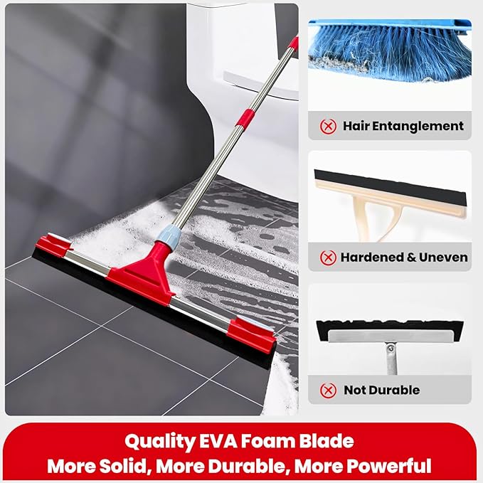 Heavy Duty Floor Squeegee for Concrete Floor – 17.3” EVA Foam Blade with Cloth Clip Design, 62” Extendable Handle, Multi-Surface Floor Squeegee Broom for Windows, Bathroom, Garage, Tile, Patio &Shower