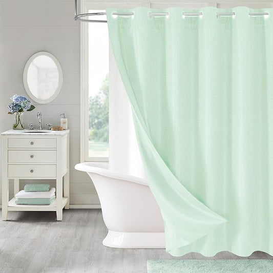 MitoVilla No Hooks Needed Extra Long Shower Curtain Liner Set, Green 86 inch XL Heavyweight Waffle Fabric Cloth Shower Curtains Set with Snap-in Liner for Modern Luxury Hotel & Spa Bathroom Decor