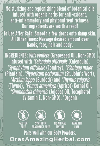 Ora's Amazing Herbal Unscented Body Oil, Fragrance Free Massage Oil with Pump, Moisturizing Body Oils for Men and Women, Herbal Infused Grapeseed Jojoba & Apricot with Calendula, 7.5 Fl Oz