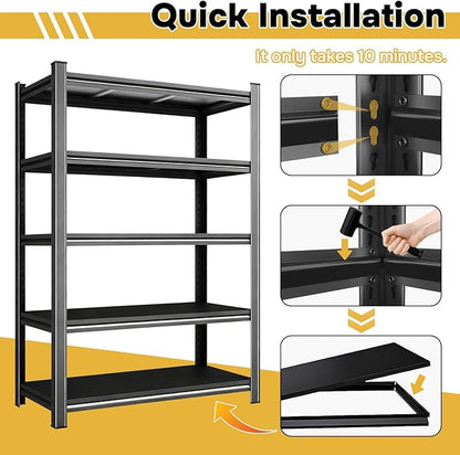 77.5"H*45"W Five-Shelf Metal Garage Shelving Unit Adjustable Storage Shelves Heavy Duty, 3000lbs Capacity, Sturdy Garage Shelf for Organize Tools, Ideal for Bedroom Kitchen Pantry Basement, Black
