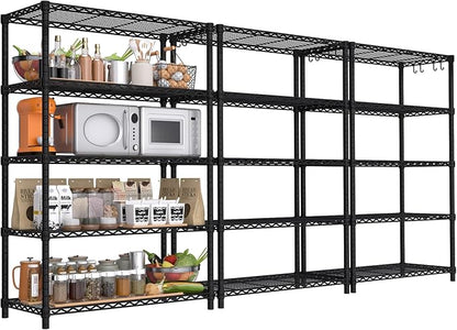 PrimeZone Wire Metal Storage Shelves - 5 Tier Adjustable NSF Certified Heavy Duty Garage Shelving Unit Organizer Rack, Steel Utility Shelf for Kitchen, Pantry, 35.5" W x 14" D x 72" H, Black, 3 Packs
