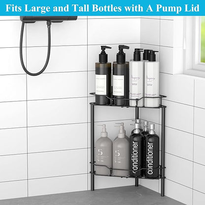 2 Tier Floor Standing Corner Shower Caddy Organizer Shelf with Hooks, Bathroom Shelves Stand Rack, Matt Black