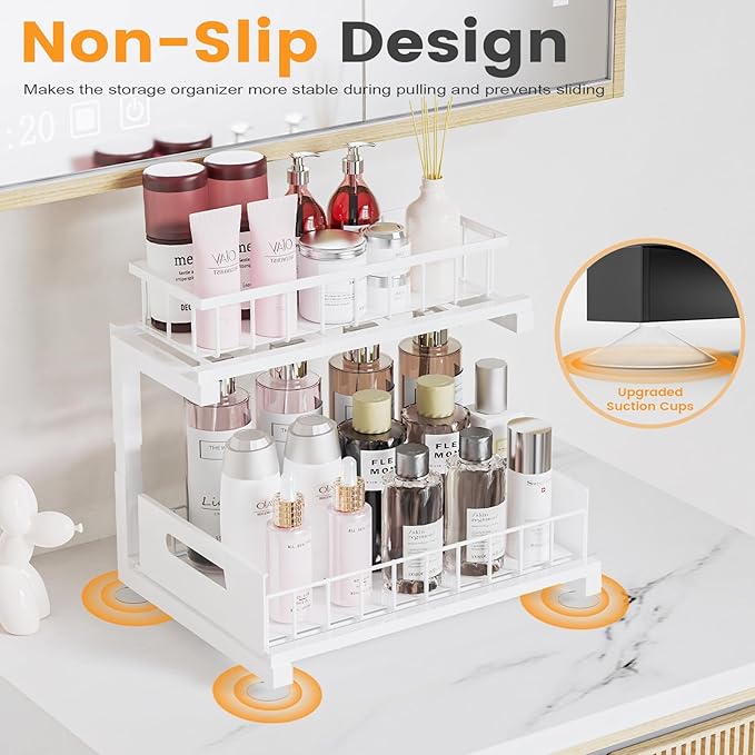 2 Pack Under Sink Organizer, Heavy Duty Metal Slide Out Sink Shelf Organizer Height Adjustable, Multi-Purpose Storage Shelf for Kitchen Bathroom (White,2Pack)