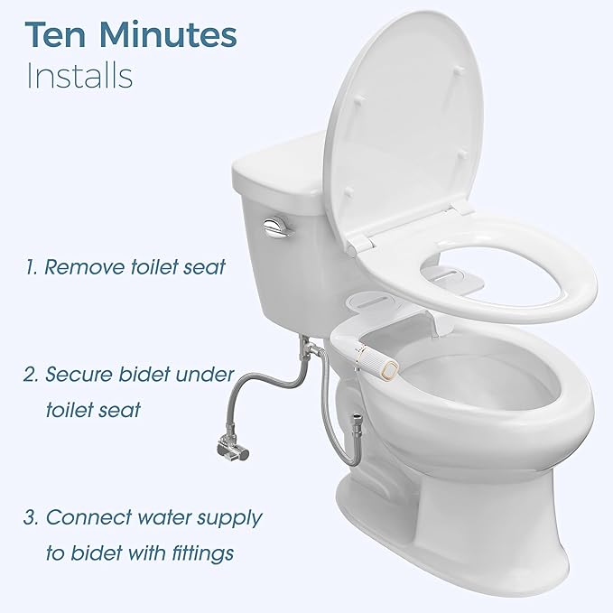 BIGCOW Ultra-Slim Bidet Attachment for Toilet - Dual Nozzle (Frontal & Rear Wash) with Adjustable Cold Water Pressure and Stainless Steel Inlet - Hygienic Solution for Fresh Cleanliness, Gold 1 Pcs