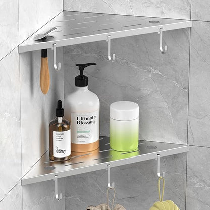 Corner Shower Shelves, 10" Silver 304 Stainless Steel Recessed Shelf for Bathroom，Grout in Shelf with Hooks for Tiled Wall 2 Pack (Silver)