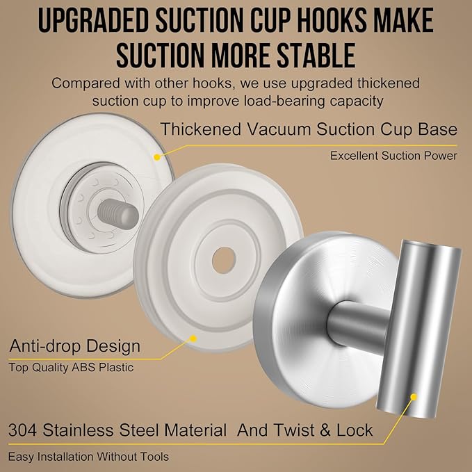 Suction Cup Hook for Shower, 16 Pack Wall Mount Towel Holder, Removable Towel Hook - Stainless Steel No Drill Hook for Bathroom Window Glass Door Wall Home Kitchen Brushed Silver