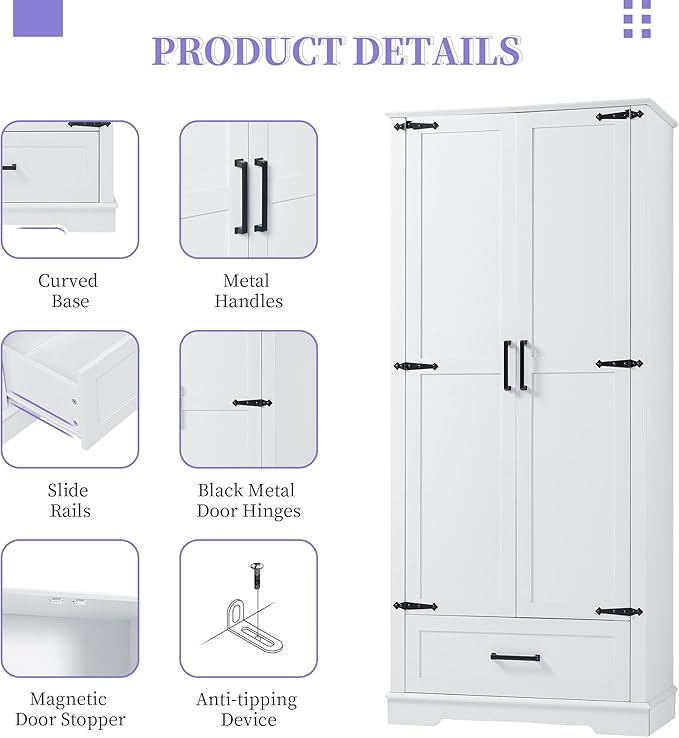 Favfurish 69" Tall Bathroom Storage Cabinet with Doors and Drawer,Modern Linen Cabinets w/Adjustable Shelf and Anti-Toppling Device,Freestanding Organizer for Bath Room,Study,Office,Kitchen White