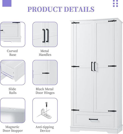 Favfurish 69" Tall Bathroom Storage Cabinet with Doors and Drawer,Modern Linen Cabinets w/Adjustable Shelf and Anti-Toppling Device,Freestanding Organizer for Bath Room,Study,Office,Kitchen White