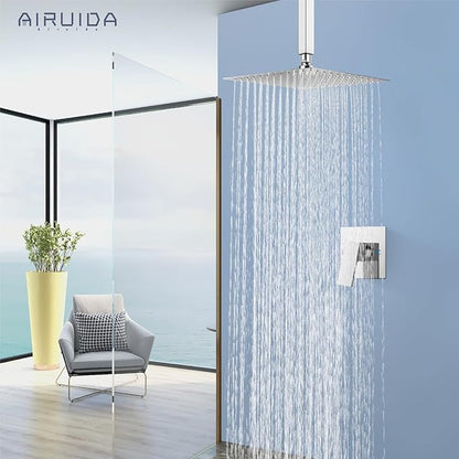 Airuida Shower Faucet Set and Handle Set Single Function Shower Trim Kit Ceiling Mount Rainfall Shower System with Male Threads and Rough-in Valve 10 Inch Square Shower Head Chrome Polish