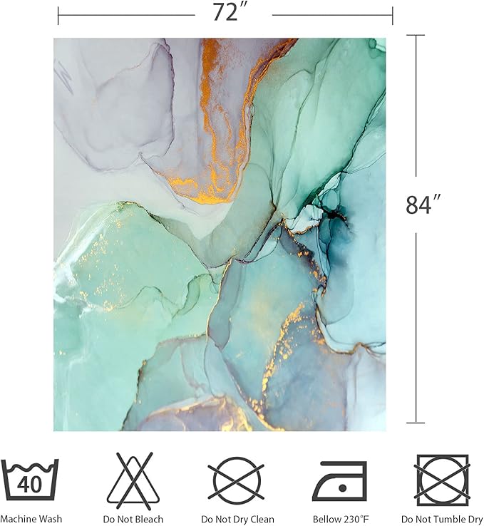 Gibelle Extra Long 72 x 84, Abstract Marble, Blue Green Purple Jade Texture Gold Stripes Ombre Watercolor Ink Art Fabric Curtains for Modern Bathroom Décor