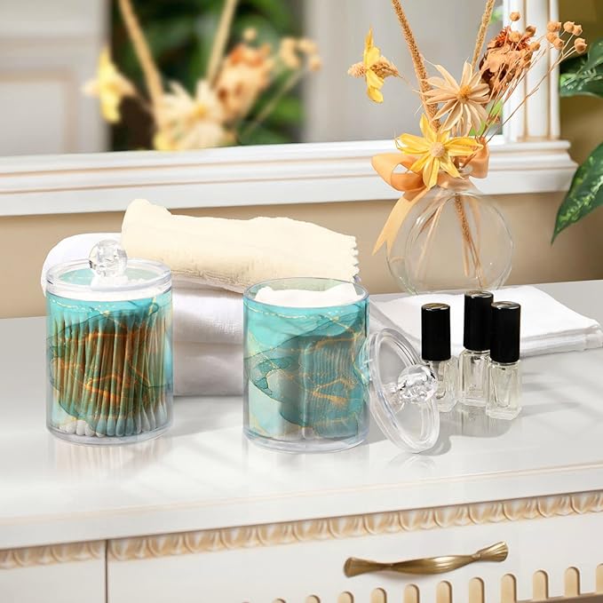 MNSRUU 2 Pack Qtip Holder Organizer Dispenser Modern Art Marble Teal Bathroom Storage Canister Cotton Ball Holder Bathroom Containers for Cotton Swabs/Pads/Floss