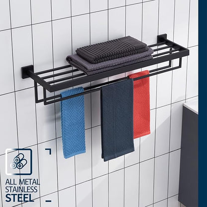KOKOSIRI Black Towel Rack 32'' Bathroom Towel Shelf with Double Towel Bars SUS304 Matte Black Stainless Steel Wall Mounted, B6003BK-L32