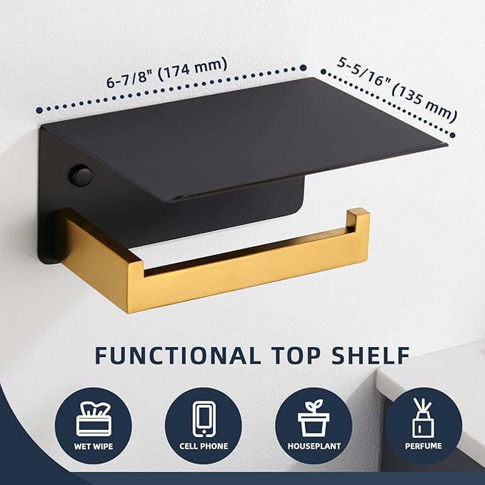 Angle Simple Toilet Paper Holder with Shelf, 304 Stainless Steel Bathroom Tissue Roll Holder for Wall Black and Gold