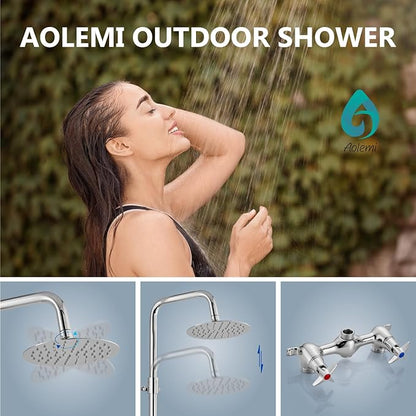 Aolemi Outdoor Shower Kit Outdoor Shower Fixtures Faucet System Double Handle Exposed Shower with 8 Inch Rainfall Shower Head Adjustable Height Shower Pipe 6 Inch Center Polish Chrome