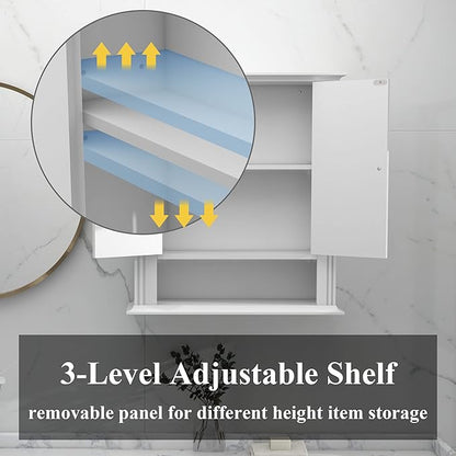 White Wall Cabinet, Over The Toilet Storage Cabinet, Bathroom Cabinet Wall Mount, 2 Doors & Hooks, Medicine Cabinet Organizer, Hanging Wall Cabinet Cupboard for Kitchen Laundry Room White