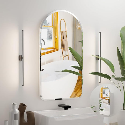 Arched Bathroom Medicine Cabinet with Mirror, No Assembly Needed, Recessed or Surface Mount Wall Storage Cabinet, Mirror Cabinet with Tissue Slot (Bevel, 29.5" L x 15.7" W)