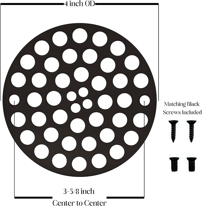 4" Black Screw-in Shower Strainer - 3-⅜” Screw Hole Spacing - 4 Inch OD Drain Cover - Solid Brass - Professional Grade and Lasting Durability - Matte Black Grate - Screws Included