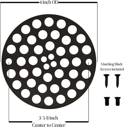 4" Black Screw-in Shower Strainer - 3-⅜” Screw Hole Spacing - 4 Inch OD Drain Cover - Solid Brass - Professional Grade and Lasting Durability - Matte Black Grate - Screws Included